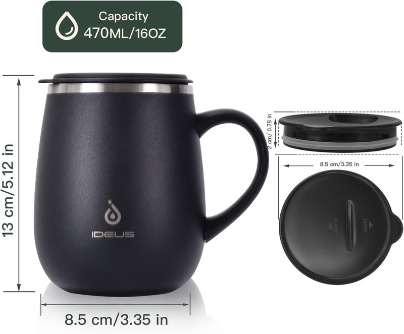 ideus 16 oz Insulated Coffee Mug with Handle and Lid, Double Wall Stainless Steel Vacuum Thermal Coffee Mug, Travel Coffee Cup Thermal Cup for Home and Office, Storm Black - Image 3